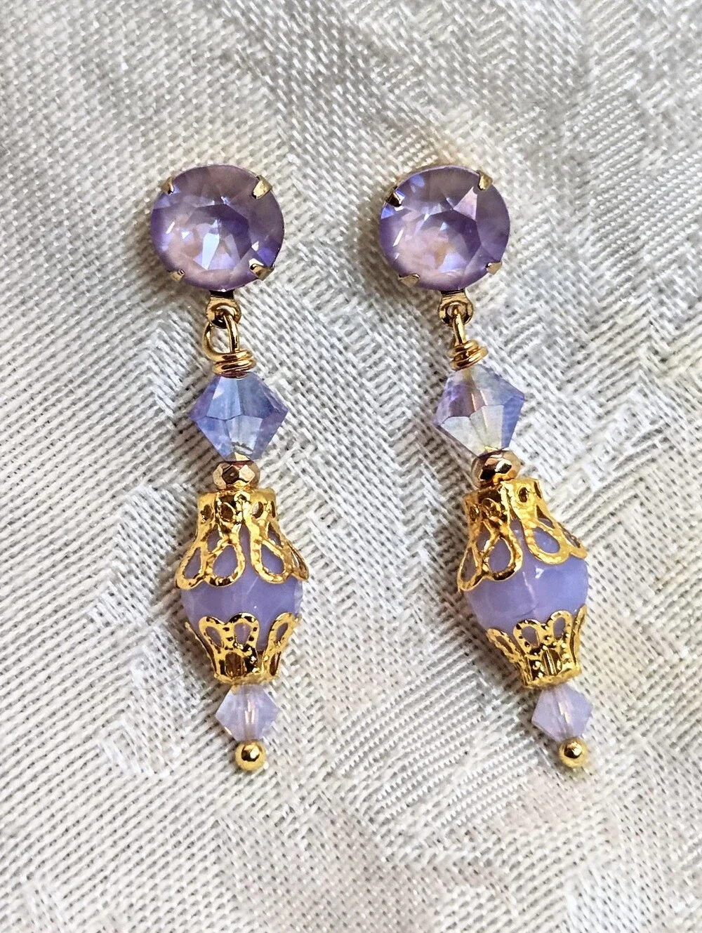 Victorian Delicate & Dainty Purple AB Swarovski & Glass In Gold Plated Earrings
